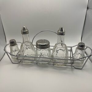 Vintage 5-pc Glass Condiment Holders with Carrier